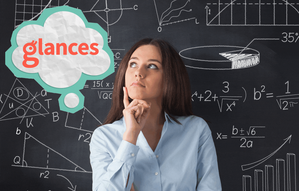 Solve common struggles by using Glances Woman thinking in front of a blackboard